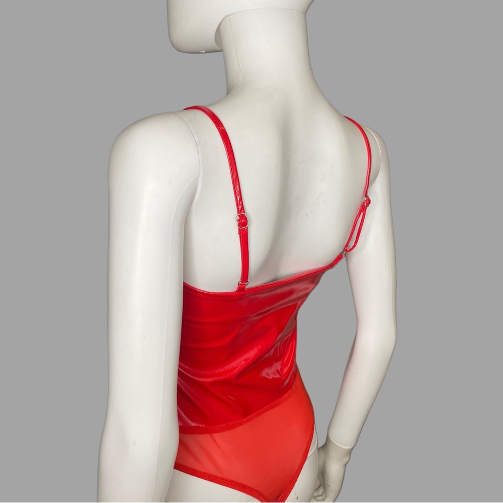 Red Spaghetti Strap Latex Bodysuit - Picture 3 of 5